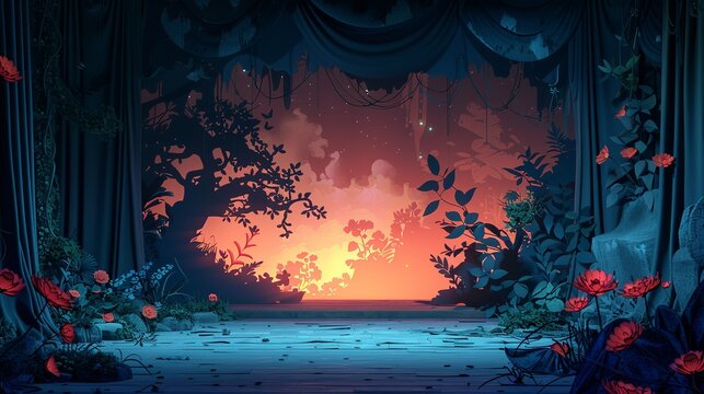 Eerie shadow puppetry on a tattered curtain in a dilapidated theater. Minimalist UI in a flat illustration style on a white background with bright Color scheme, dribble, flat Illustration ,