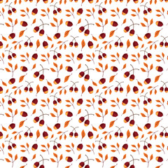 Seamless pattern design of autumn leaves and acorns isolated on background. Vector illustration.