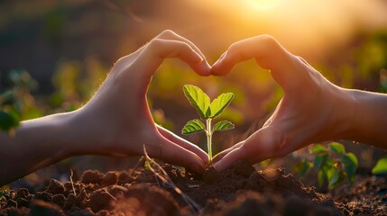 Hands forming a heart shape around a young plant growing on fertile land conveying charity and care for environmental growth sunrise background