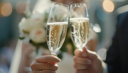 Two flutes of champagne clinking together in a toast at a wedding reception, with the bride and groom smiling in the background