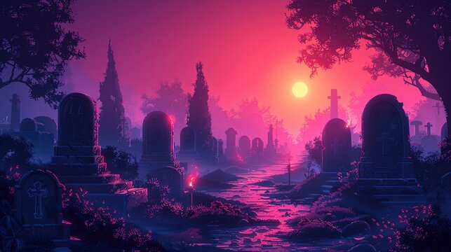 Forgotten cemetery with ancient crypts and eerie mist. Minimalist UI in a flat illustration style on a white background with bright Color scheme, dribble, flat Illustration , Minimalism,