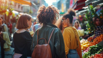 Obraz premium A lively group of LGBTQ+ friends explores a city market, enjoying food, fashion, and laughter together.