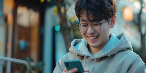 A young man with glasses smiling as he checks his smartphone. He is outdoors, suggesting a modern lifestyle and the benefits of technology.