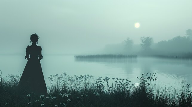 Dark silhouette of a figure in a Victorian mourning dress by a foggy lake. Minimalist UI in a flat illustration style on a white background with bright Color scheme, dribble, flat Illustration ,