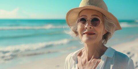 A woman wearing a straw hat and sunglasses is smiling on a beach. She looks happy and relaxed, enjoying the sun and the ocean