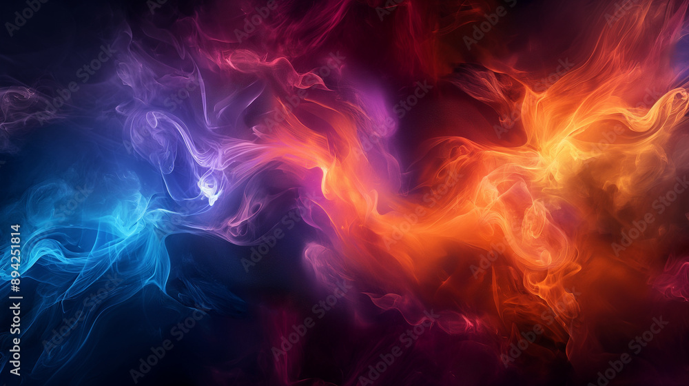 Poster a vibrant and dynamic interplay of colors and forms. on the left, there's a swirling pattern of blue