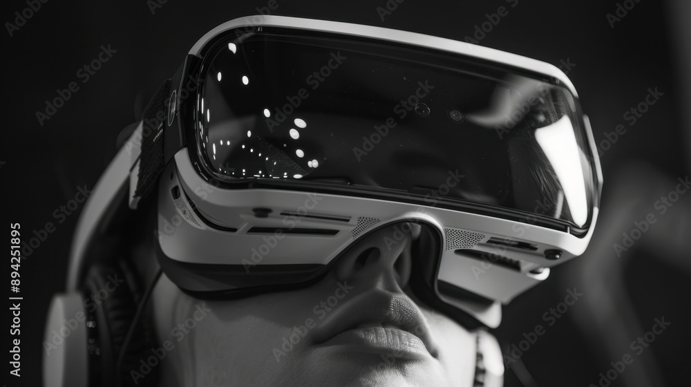 Poster this image features a person wearing a virtual reality headset, which is an advanced piece of techno
