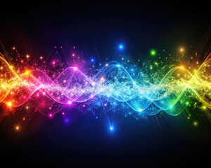 Obraz premium Vibrant glowing particles in abstract waves undulate and pulse to an unheard rhythm, evoking a mesmerizing visual representation of sound and music on a pure white backdrop.