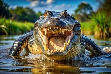 Fototapeta premium A huge ferocious alligator emerges from murky swamp water, jaws wide open, revealing sharp teeth, in a dramatic display of wildlife power and danger.