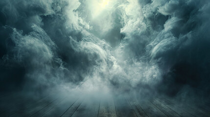 Obraz premium A dramatic scene with swirling smoke or mist enveloping a dark, possibly underground setting. The ground appears to be a rugged, wooden surface. The atmosphere is intense