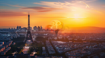 Olympic rings at sunset with the Eiffel Tower in Paris, France, panoramic background, Paris 2024 Summer Olympics banner