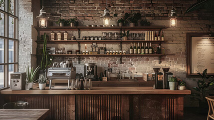 Interior of a vintage-style coffee shop, featuring warm and relaxing tones, classic wooden counter, and rustic coffee brewing setup