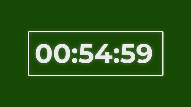 Stopwatch timer decrease, 60 seconds glowing countdown 4k video animation on green screen background