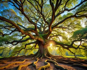 Obraz premium Mighty oak tree's sprawling roots stretch deep into earth, twisting and turning in a majestic display of strength and resilience, anchoring the tree firmly.