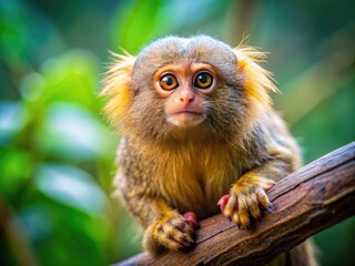 Adorable pygmy marmoset with large curious eyes and fluffy golden mane perches on a branch, displaying its tiny hands and agile body in a lush habitat.