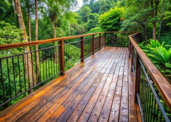 Obraz premium Weathered wooden deck with rusty metal railing, surrounded by lush greenery, showcases a distressed, earthy atmosphere with warm brown tones and subtle grain textures.