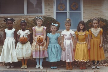 Trick-or-Treaters: Children dressed in various Halloween costumes, going door-to-door in a suburban neighborhood with decorated houses and spooky lawn decorations. 