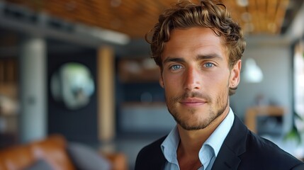 Fototapeta premium Serious Young businessman Portrait, capturing a thoughtful expression, emphasizing strong features and a confident demeanor, set against a minimalist backdrop for striking impact.