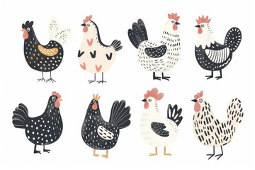 A collection of charming stylized chickens with black and white patterns and coral red combs