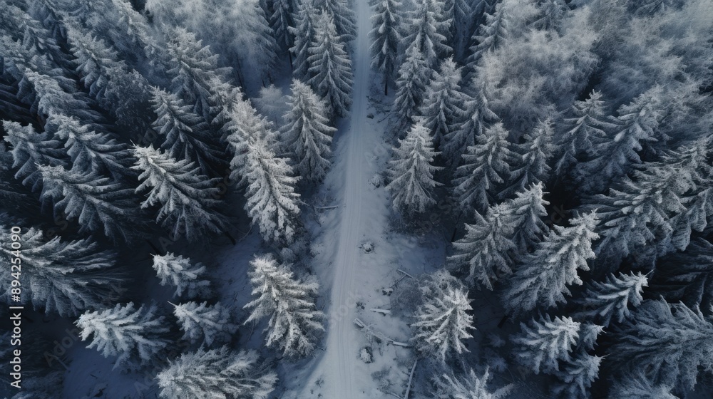 Poster the image depicts a serene winter forest scene with a path cutting through the center of the snow-co