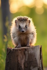 Naklejka premium Adorable hedgehog on a log in nature, captured with sunlight and yellow glow.
