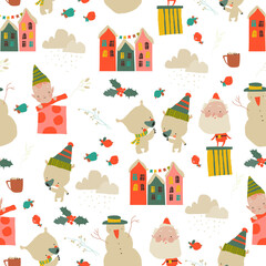Vector Seamless Pattern with Christmas Decoration and Animals