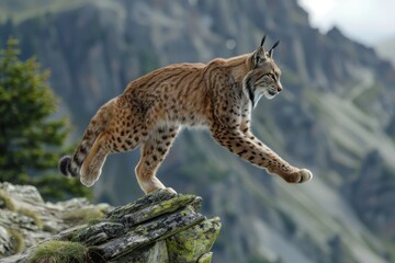Obraz premium A dynamic shot of a Eurasian lynx leaping from rock to rock in a mountainous area.