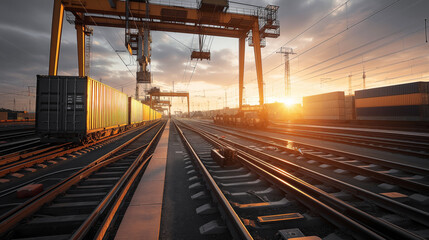 Naklejka premium Freight train station at sunset with cargo containers, railroad tracks, and loading cranes. Golden light from the setting sun creates strong contrasts and reflections.