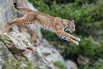 Fototapeta premium A dynamic shot of a Eurasian lynx leaping from rock to rock in a mountainous area.
