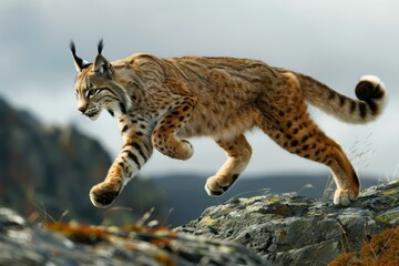 Fototapeta premium A dynamic shot of a Eurasian lynx leaping from rock to rock in a mountainous area.