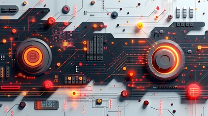 Obraz premium Technological innovation concept with abstract circuit patterns and binary code. Minimalist UI in a flat illustration style on a white background with bright Color scheme, dribble, flat Illustration