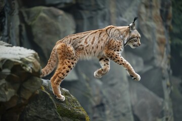 Fototapeta premium A dynamic shot of a Eurasian lynx leaping from rock to rock in a mountainous area.