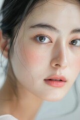 Fototapeta premium This is a high-resolution photo of a young woman with makeup on. She has rosy cheeks and her eyes are looking directly at the camera.