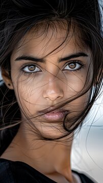 semi close-up of Bhuvaneshvari, expressive eyes, minimalist Japanese ink, taken with lens, more clarity with clear light and sharp focus, high detailed