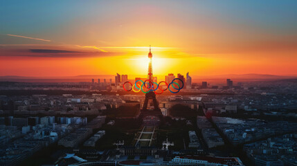 Parisian skyline with the Eiffel Tower, French flag, and the Summer Olympics 2024 logo in a wide view