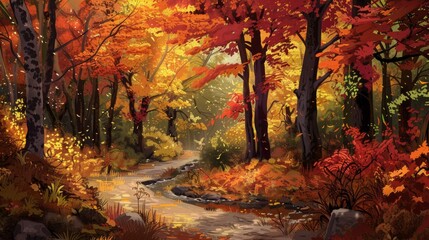 Autumn Forest in Golden Light Hand Painted Background for Game Design Poster or Card