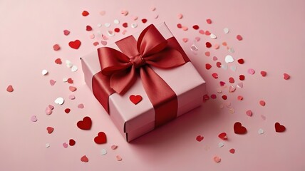 Obraz premium Pink gift box with wrapped red ribbon