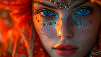 Woman with bright blue eyes wearing a red headpiece.