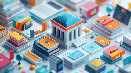 Technology integration in education with abstract digital learning and e-learning. Minimalist UI in a flat illustration style on a white background with bright Color scheme, dribble, flat