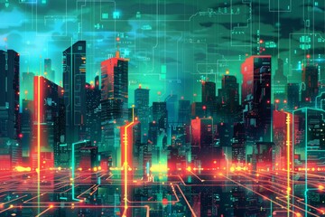 Obraz premium Futuristic Smart Cyber City illustration: Innovative Urban Landscape, futuristic technology and cyber punk concept, Graphic Resources, Wallpapers, Brochure, Websites, banner, Advertising, background
