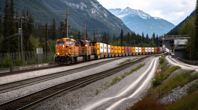 Freight train hauling containers through mountainous terrain with parallel tracks, pine trees, and snow-capped mountains in the background under overcast skies.
