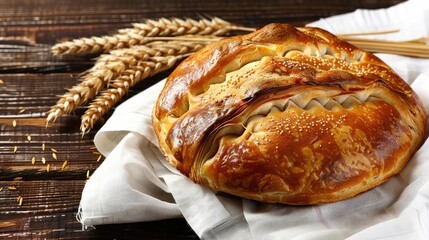 Freshly baked round loaf of artisan bread on a wooden table with wheat stalks. Perfect for bakery, cuisine, and culinary themes.
