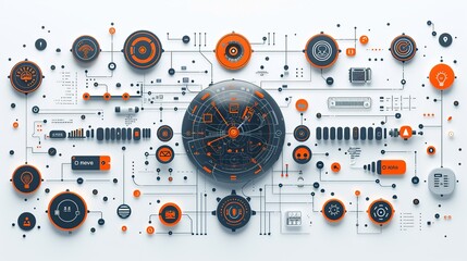 Obraz premium Industrial revolution 4.0 with abstract AI and machine learning. Minimalist UI in a flat illustration style on a white background with bright Color scheme, dribble, flat Illustration , Minimalism,