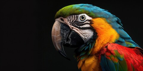 A vibrant parrot with a rainbow of colors, perched and looking directly at the camera.