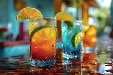 Three vibrant cocktails on a bar counter.