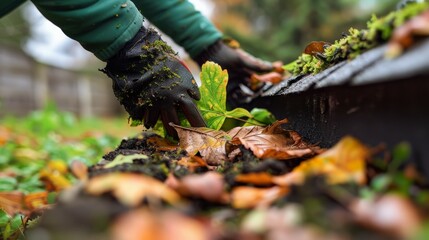 Obraz premium Close-up of gloved hands cleaning leaves from a gutter. Autumn foliage and green plant in the foreground. Maintenance and seasonal work concept.