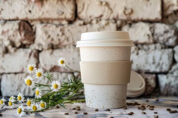 Eco-Friendly Reusable Coffee Cup with Flower Design Against Rustic Brick Wall - Perfect for Marketing and Print