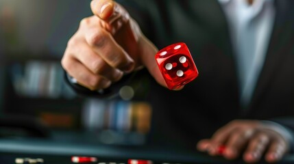 Close-up of a hand in a suit throwing red dice in motion over a blurred background, symbolizing risk, chance, and gambling.