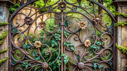 Intricately crafted ornate metalwork featuring intertwining leafy vines and delicate flowers on a rustic distressed iron garden gate.