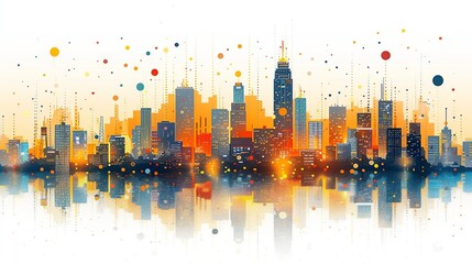 Obraz premium Smart cities of the future with abstract urban planning and sustainable architecture. Minimalist UI in a flat illustration style on a white background with bright Color scheme, dribble, flat